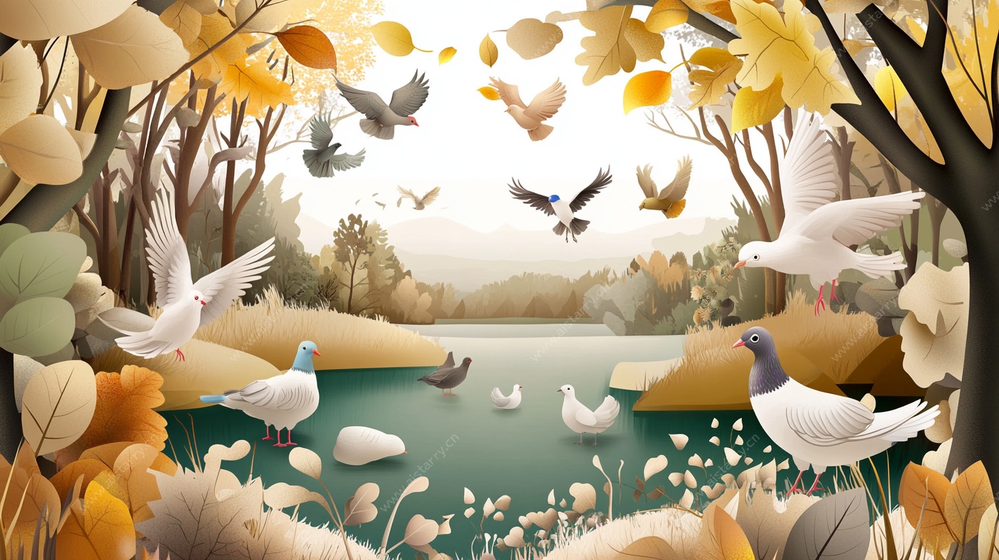 秋日湖畔飞鸟嬉戏图