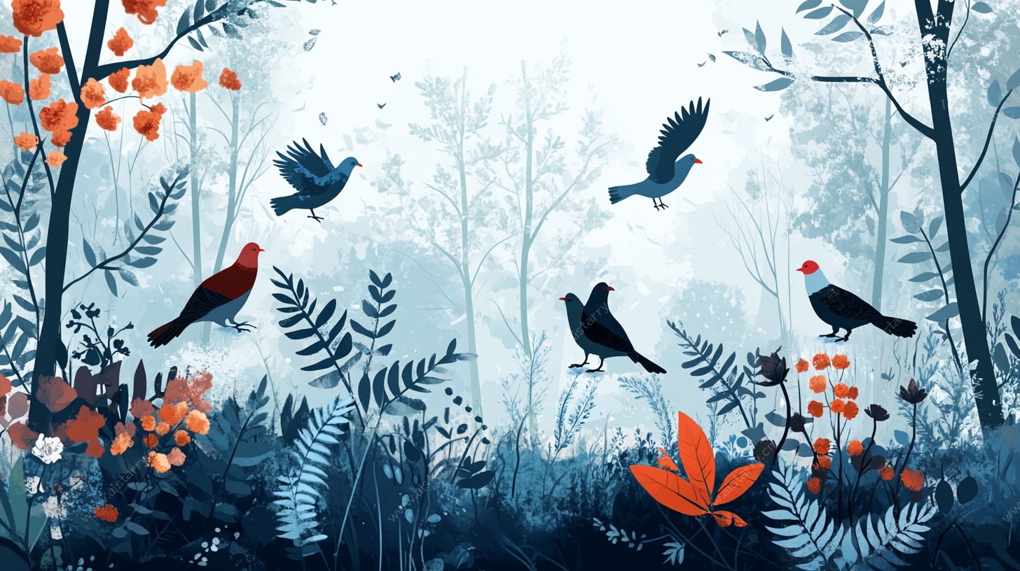 森林中的飞鸟与植物景观