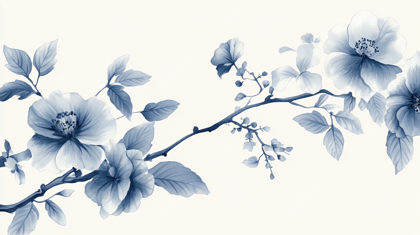 蓝白花卉枝插画