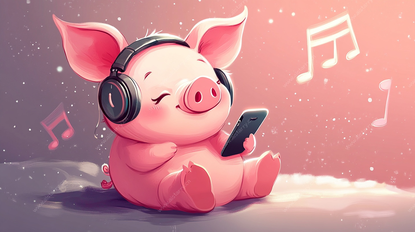 小猪惬意听歌插画