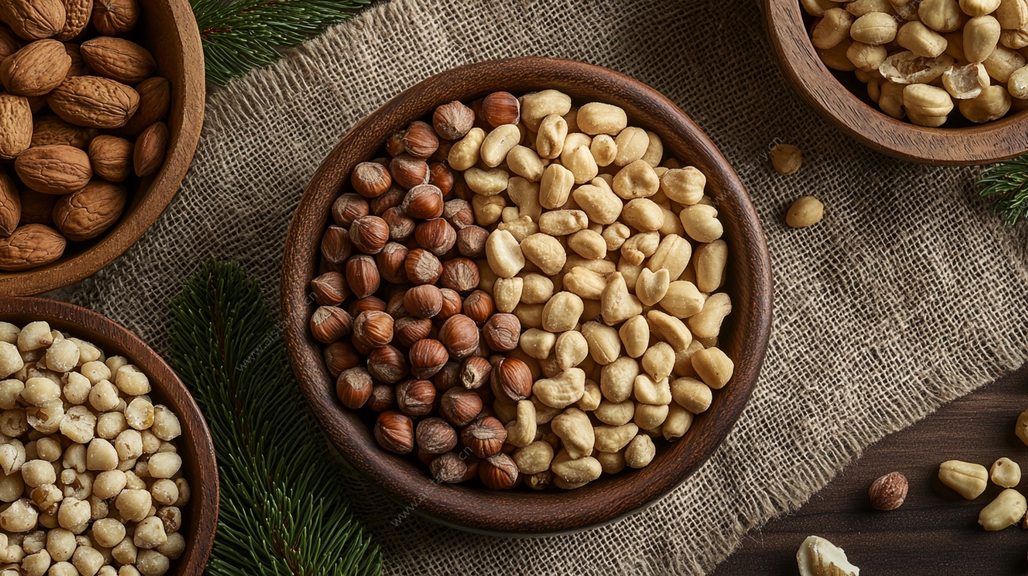 多样坚果摆放在古朴容器中