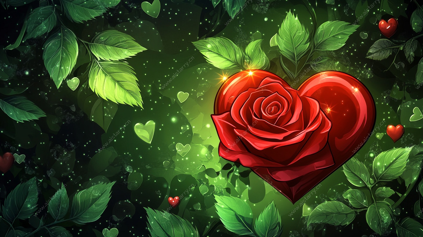 心形红玫瑰绿叶梦幻背景