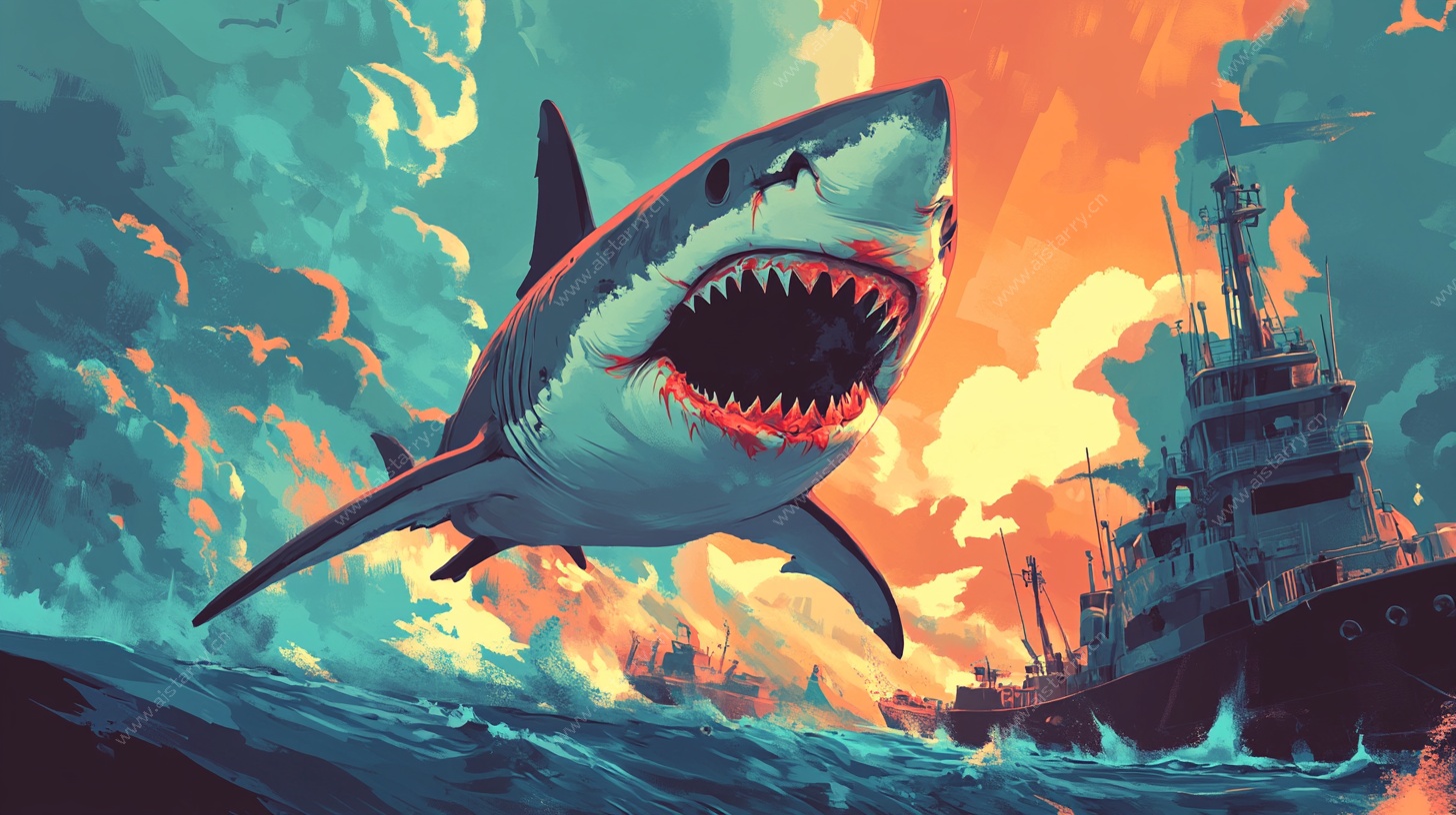 鲨鱼跃海 船只背景插画