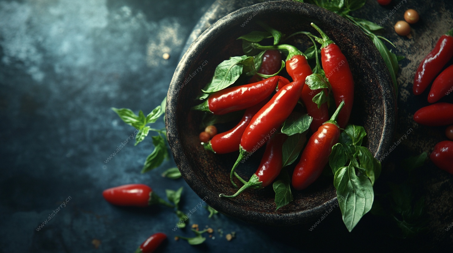 碗中红辣椒配新鲜绿叶