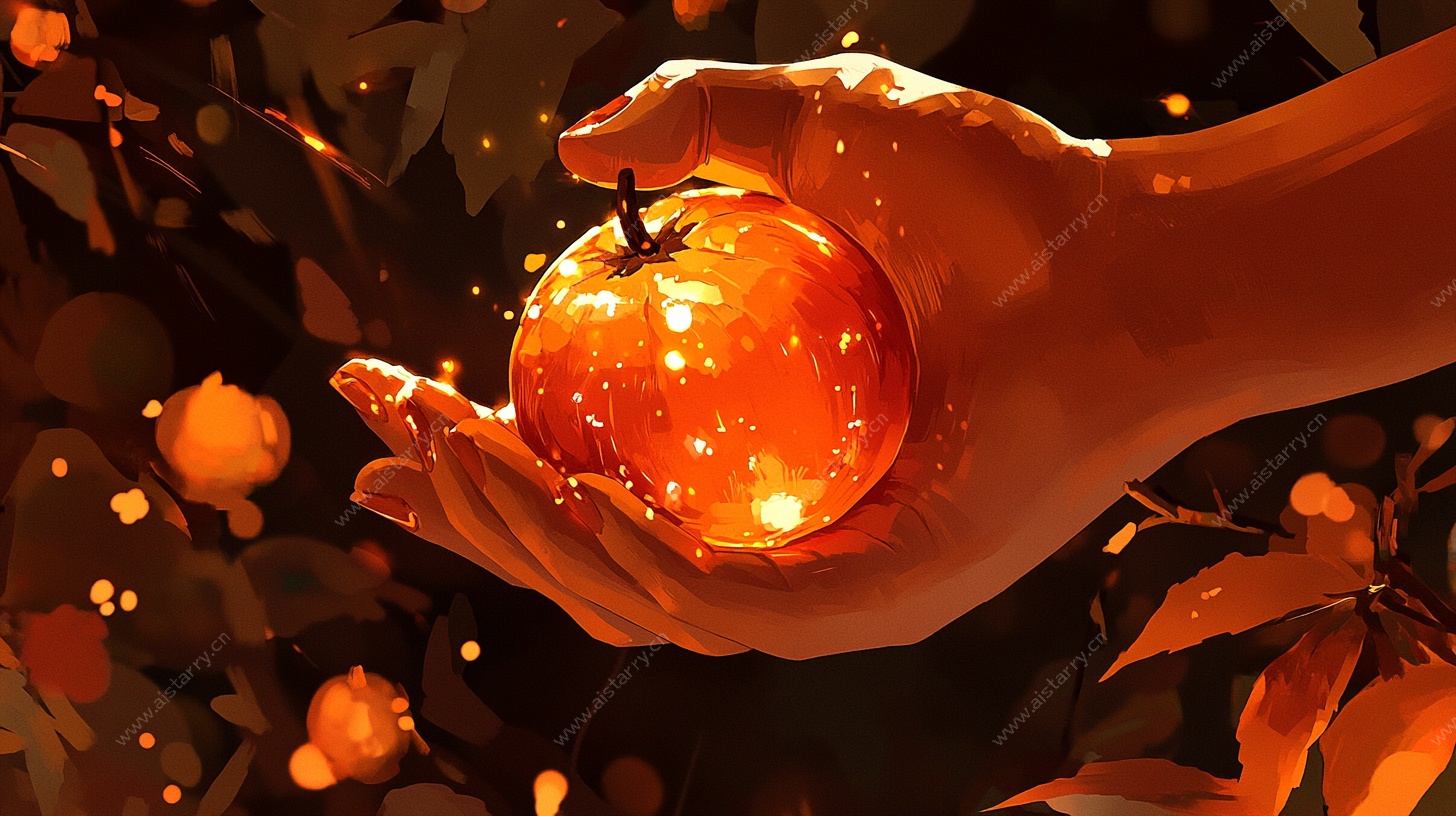 手中发光的奇幻橙色果实