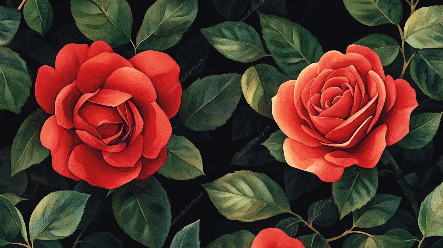 复古红玫瑰绿叶图案背景