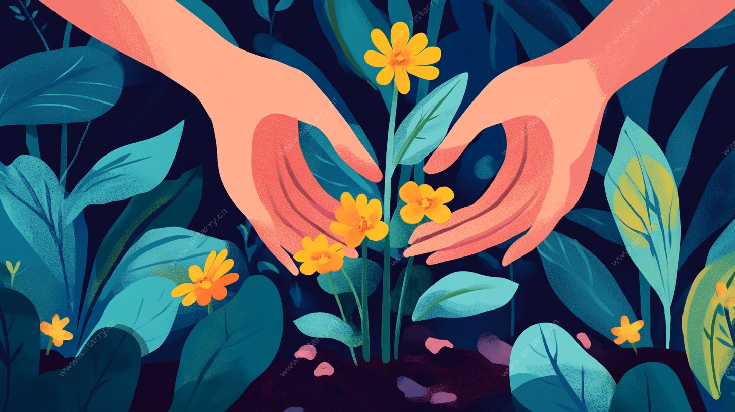 双手呵护花朵插画