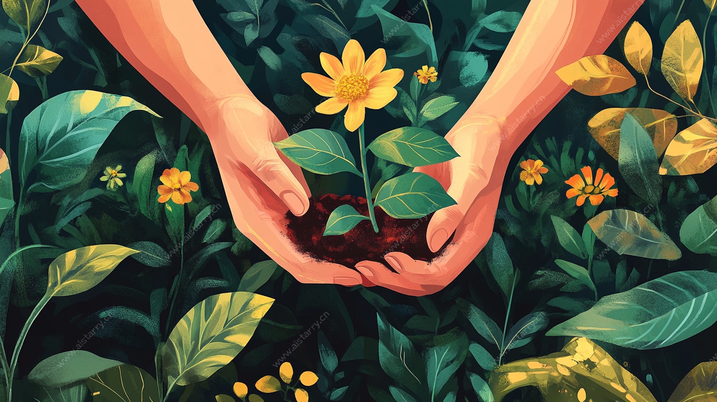双手呵护新生花朵插画