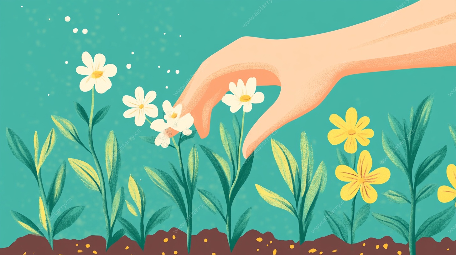 手触花丛的清新插画