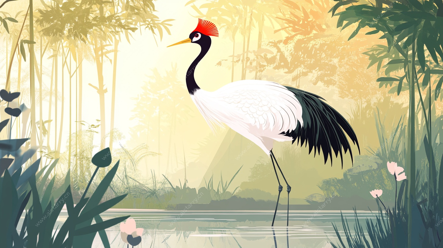 竹林中优雅站立的丹顶鹤