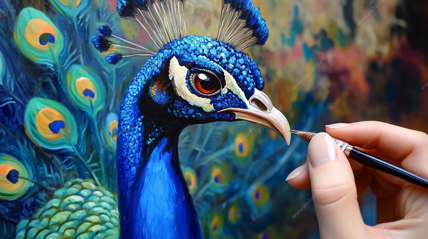手绘蓝孔雀创作瞬间