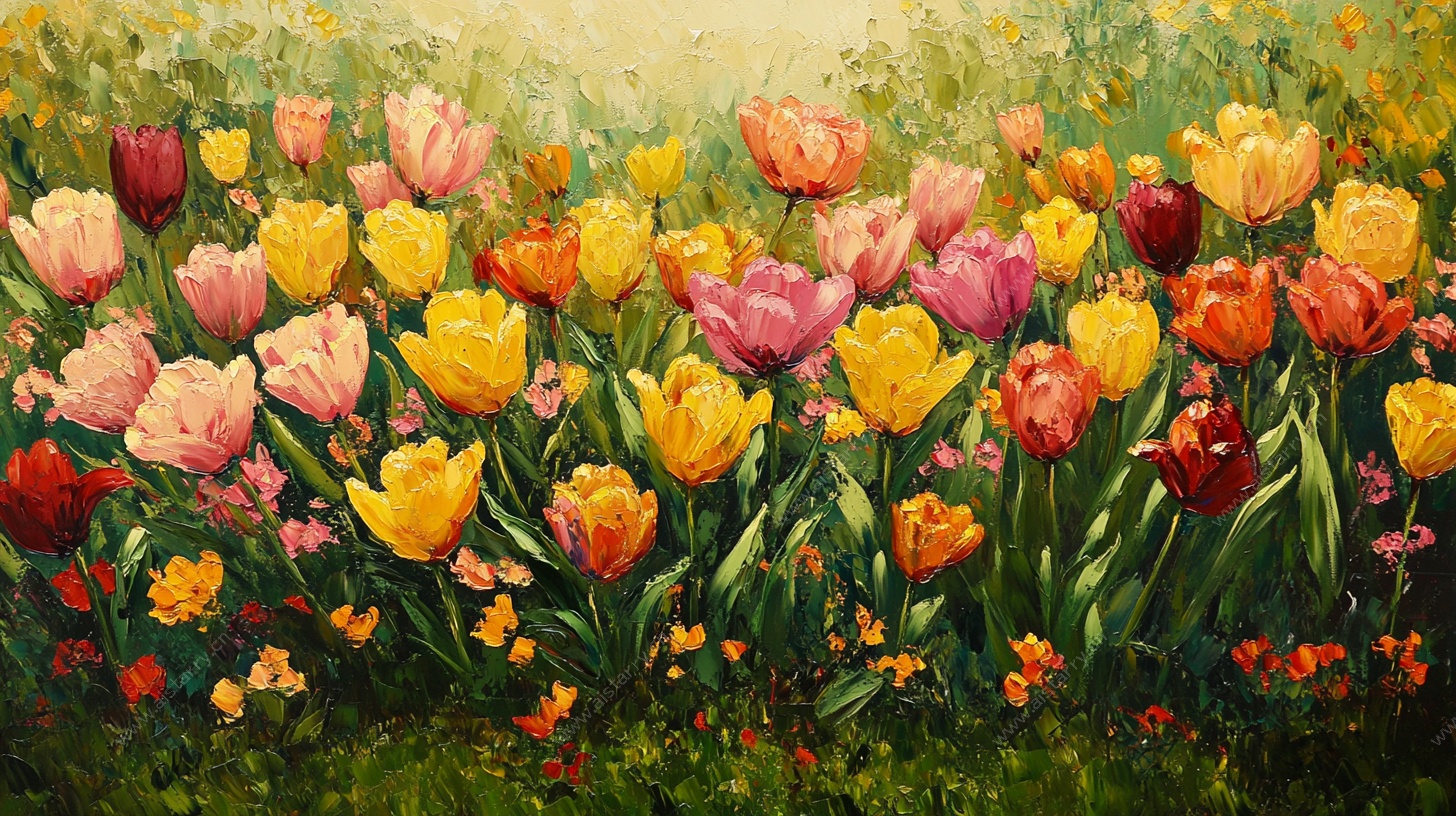 多彩郁金香花海油画