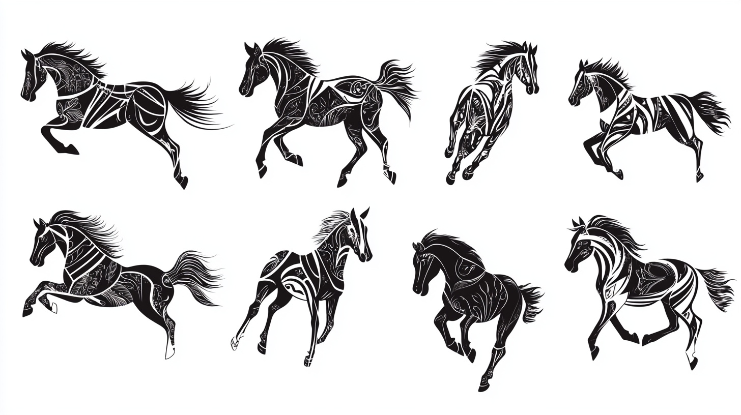 奔跑骏马黑白线条插画