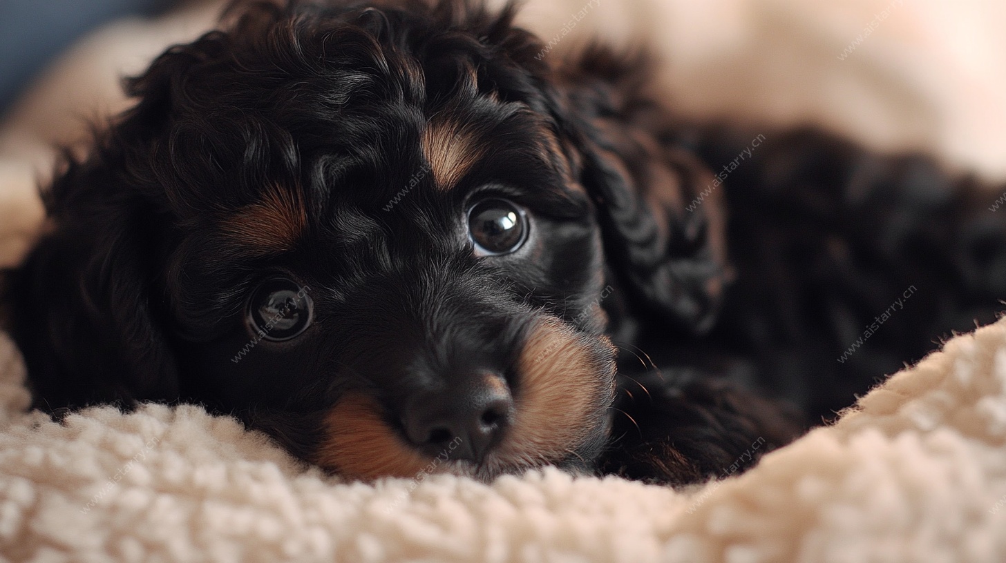 可爱小黑狗趴卧毛绒毯上