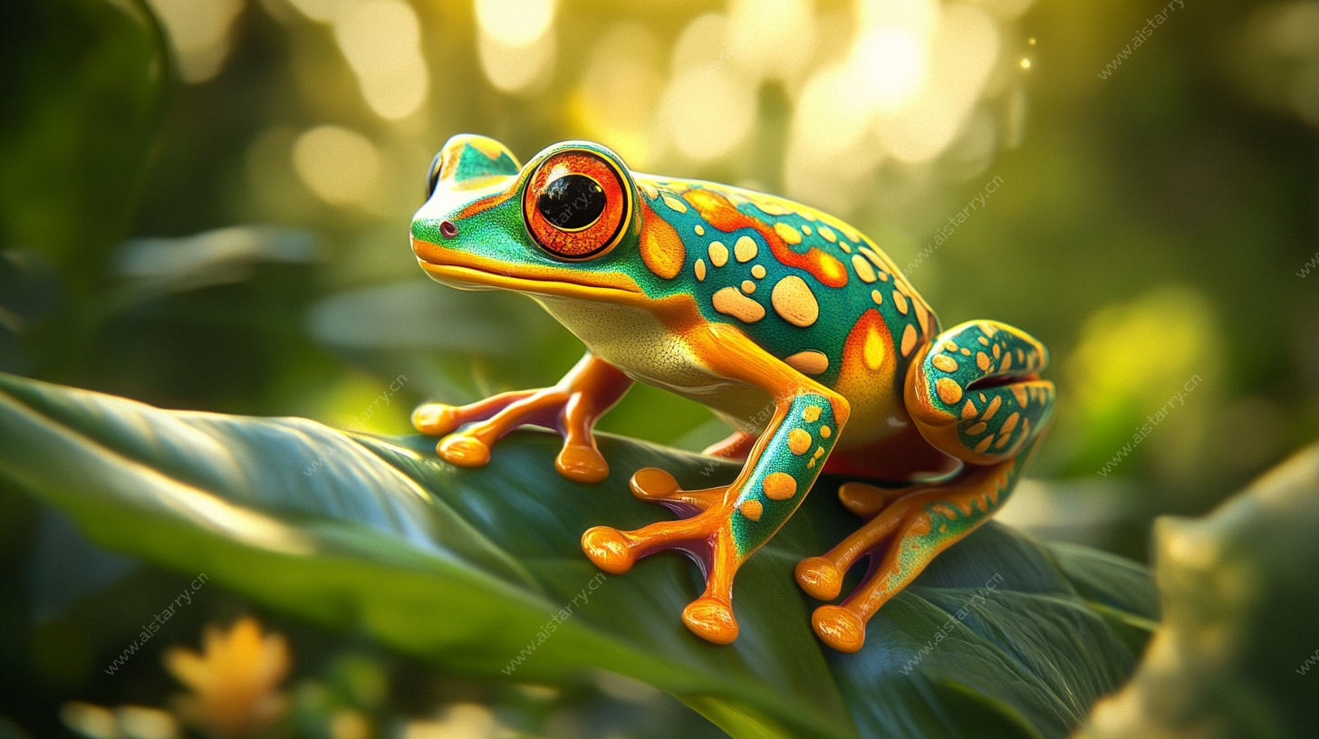 彩色青蛙栖息绿叶间