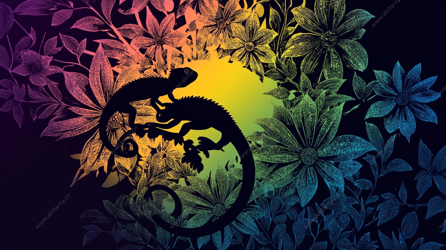 变色龙与多彩花卉剪影