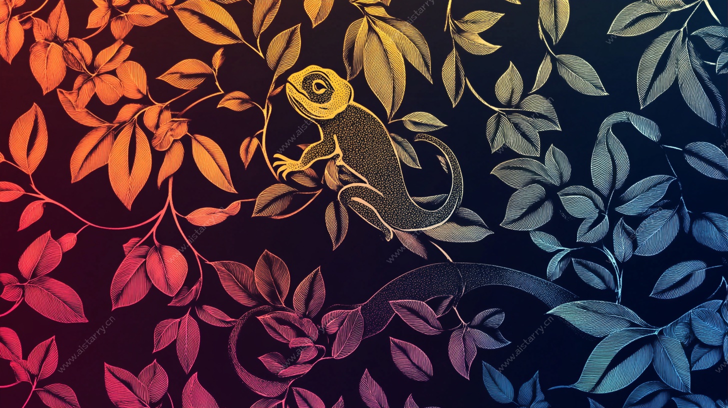 彩色树叶间的蜥蜴插画