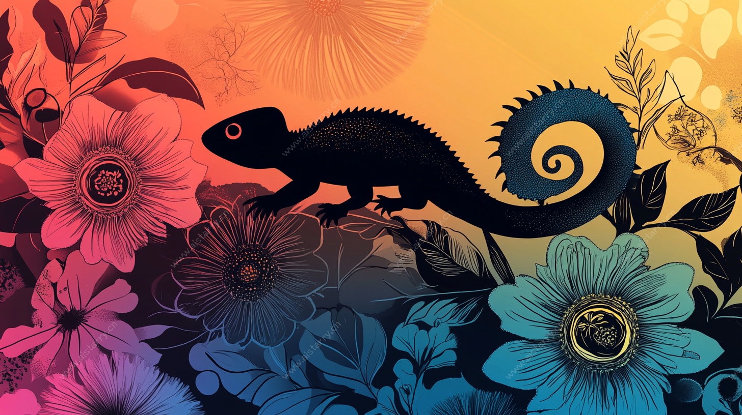 变色龙穿梭于绚烂花丛间