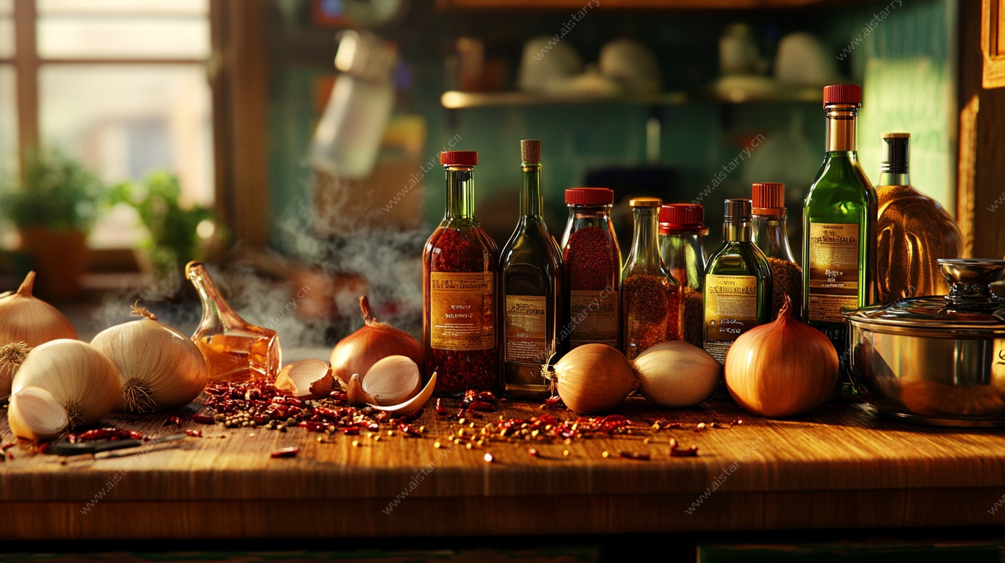 厨房调料瓶与食材的静物图
