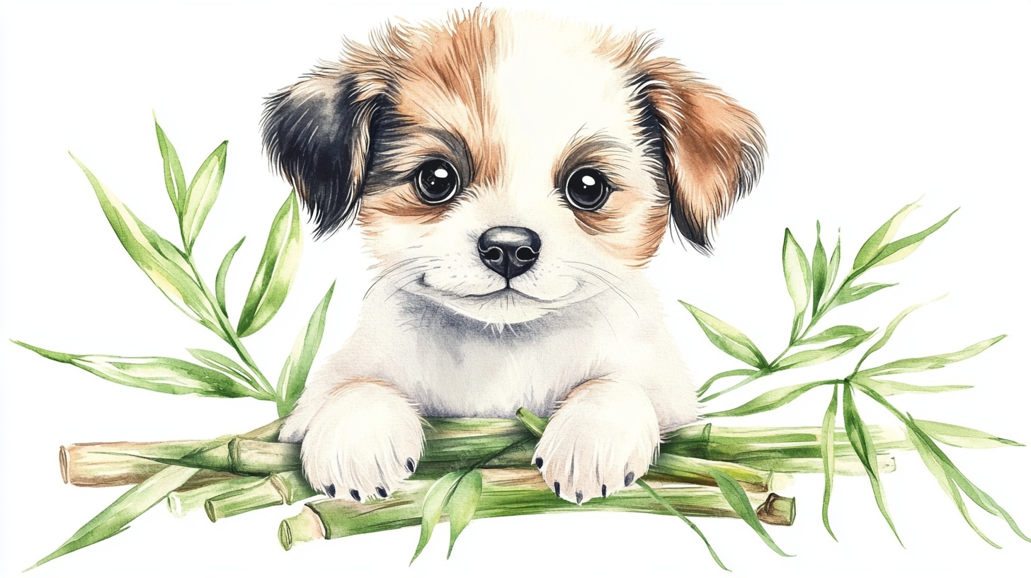 可爱小狗依偎翠绿竹子间