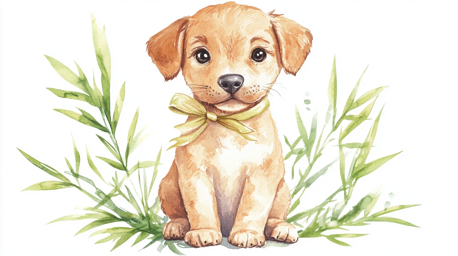 可爱小狗与绿植水彩插画