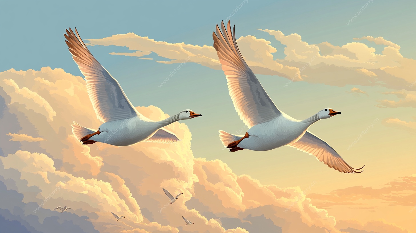 双鹅翱翔于云端美景