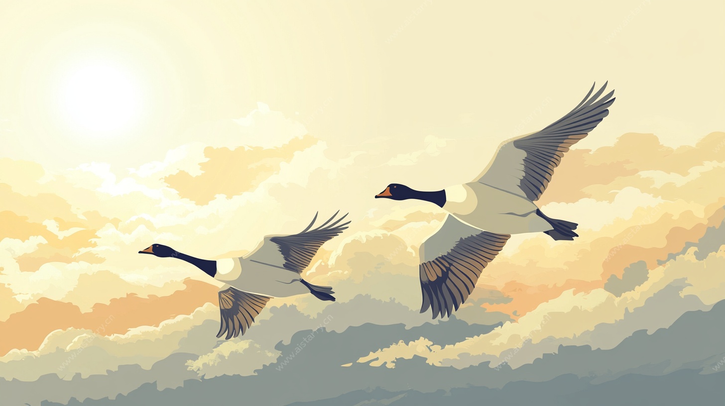 双雁在夕阳下展翅翱翔