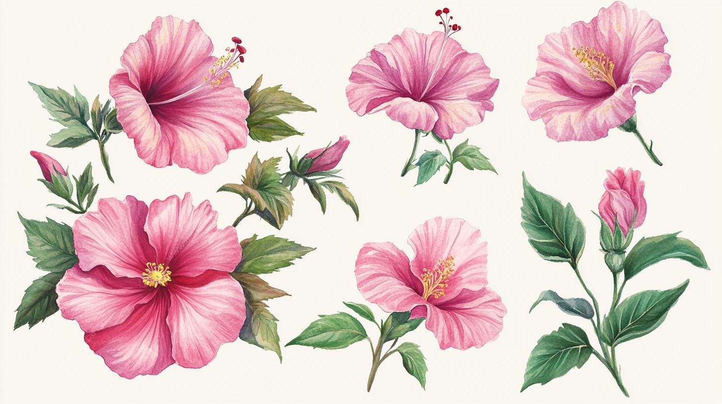 手绘粉色木槿花花卉集合