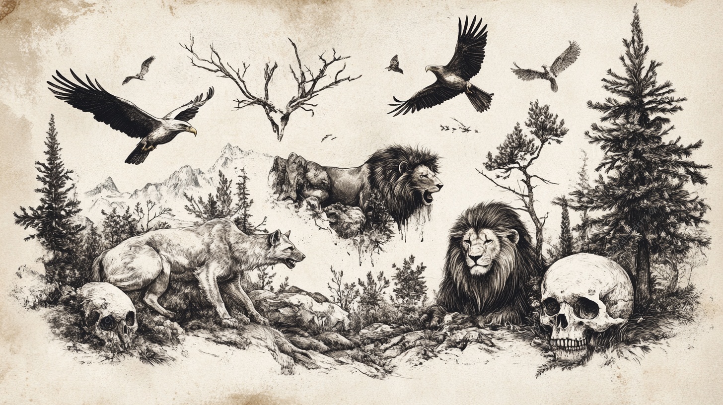 荒野动物群像黑白插画