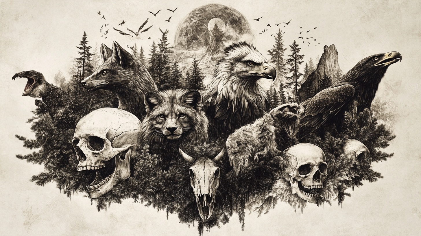 森林动物与头骨奇幻插画