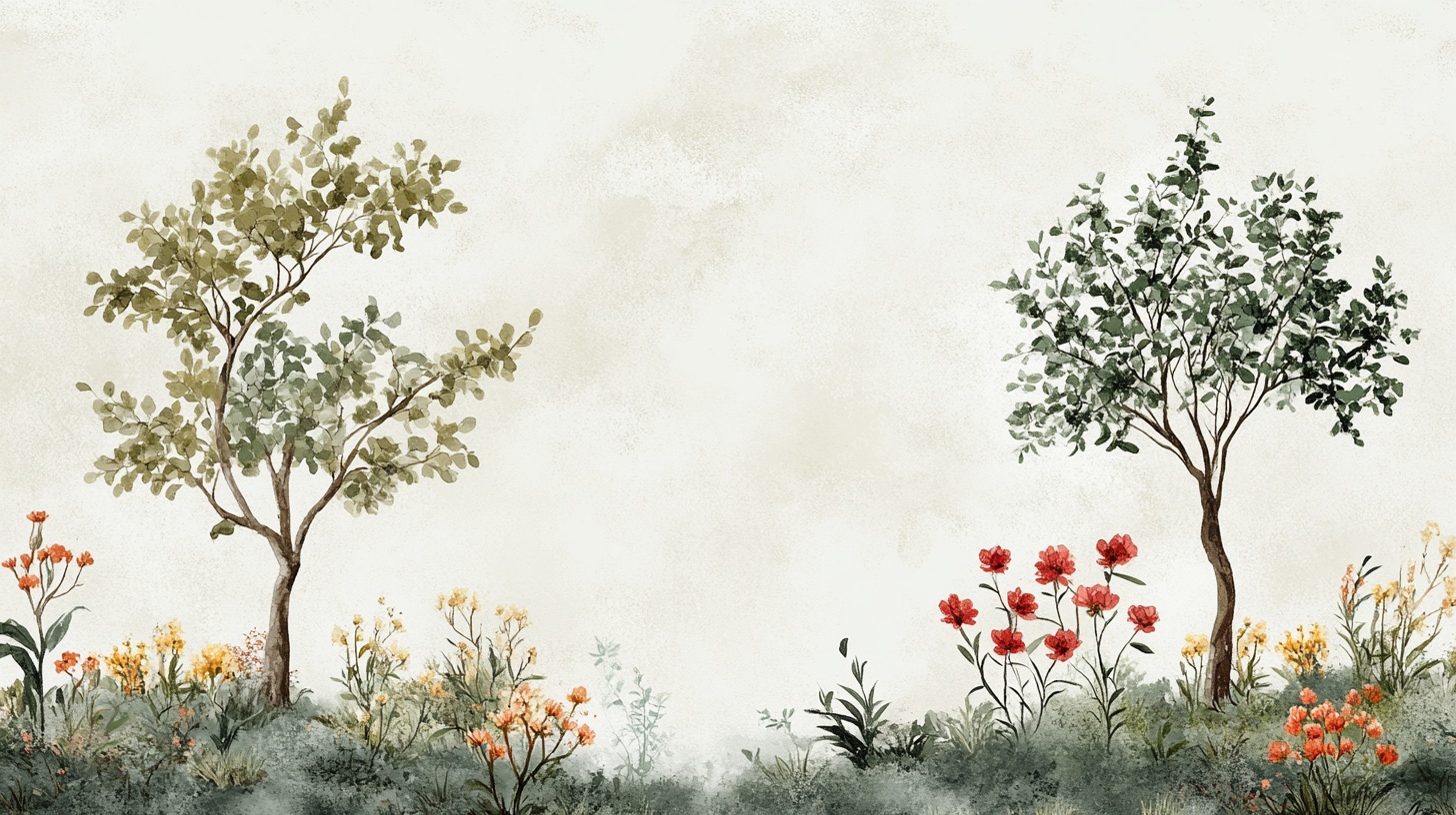 水彩田园风树木花卉图