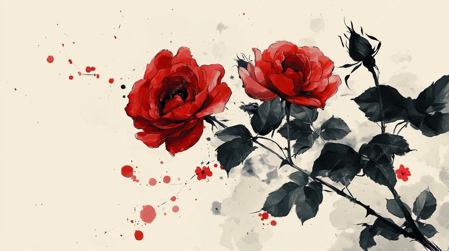 水墨红玫瑰插画