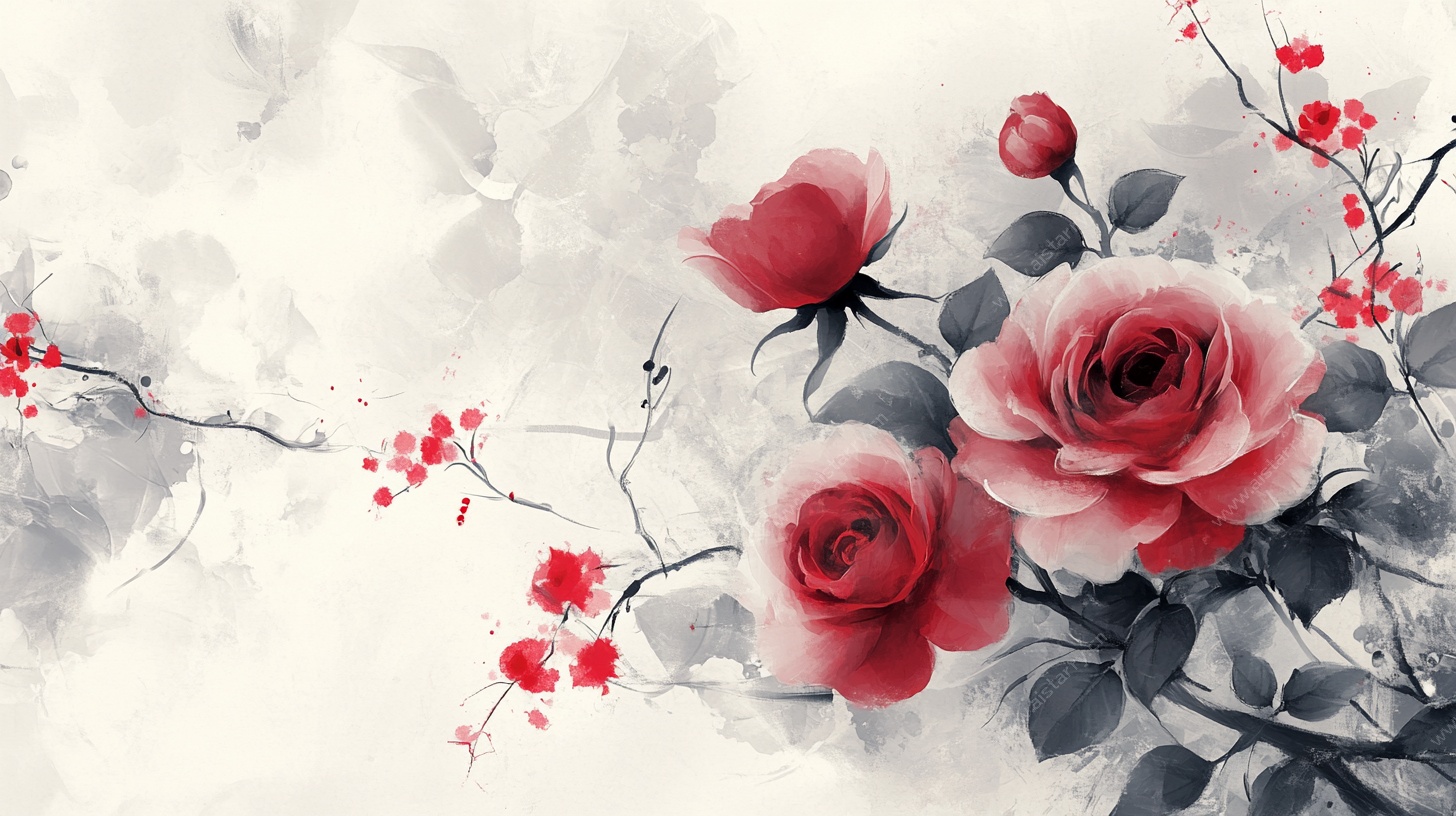 水墨玫瑰写意花卉图