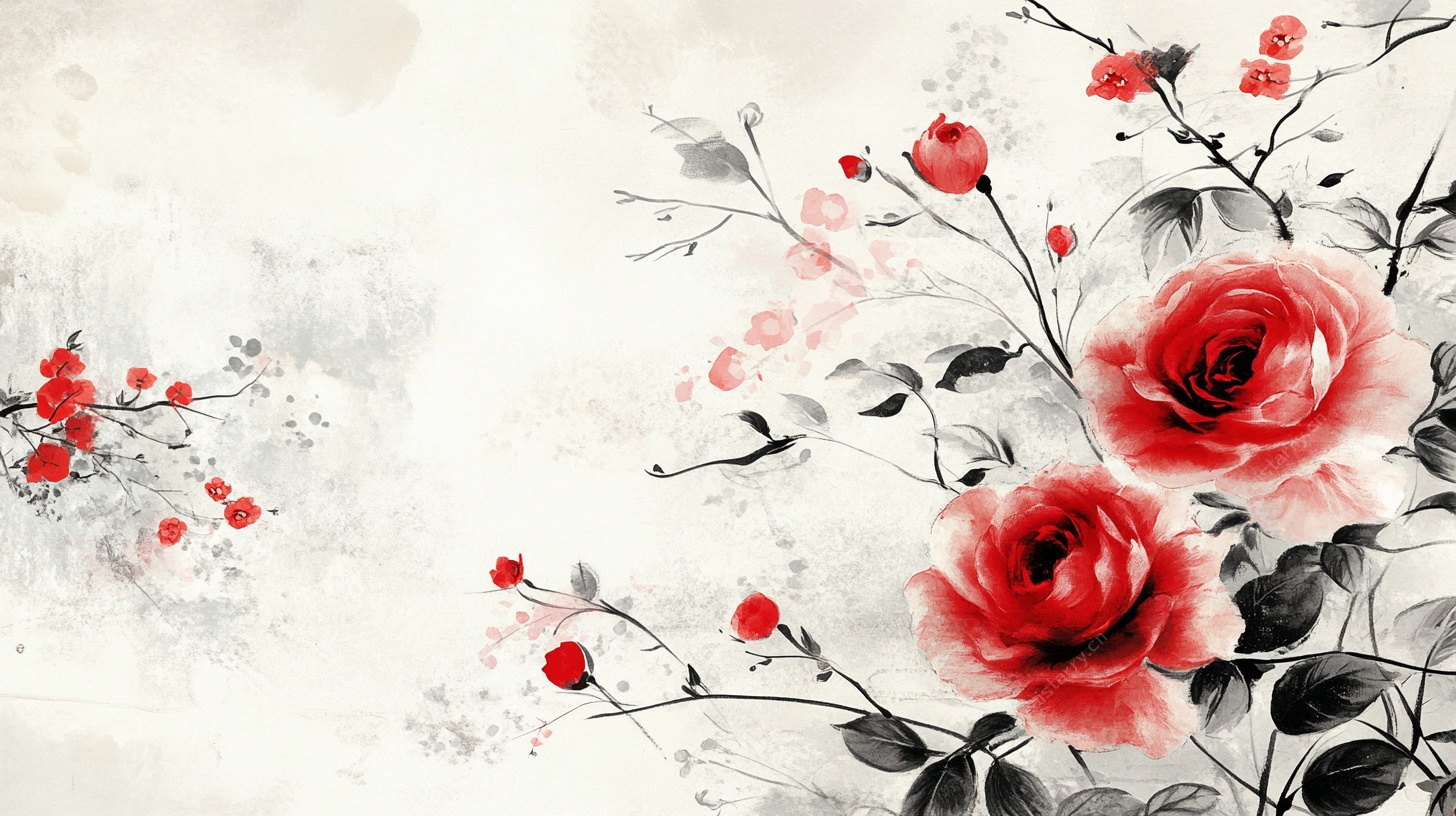 水墨红玫瑰中式花卉图