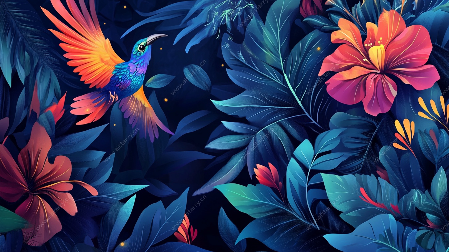 梦幻热带花鸟插画