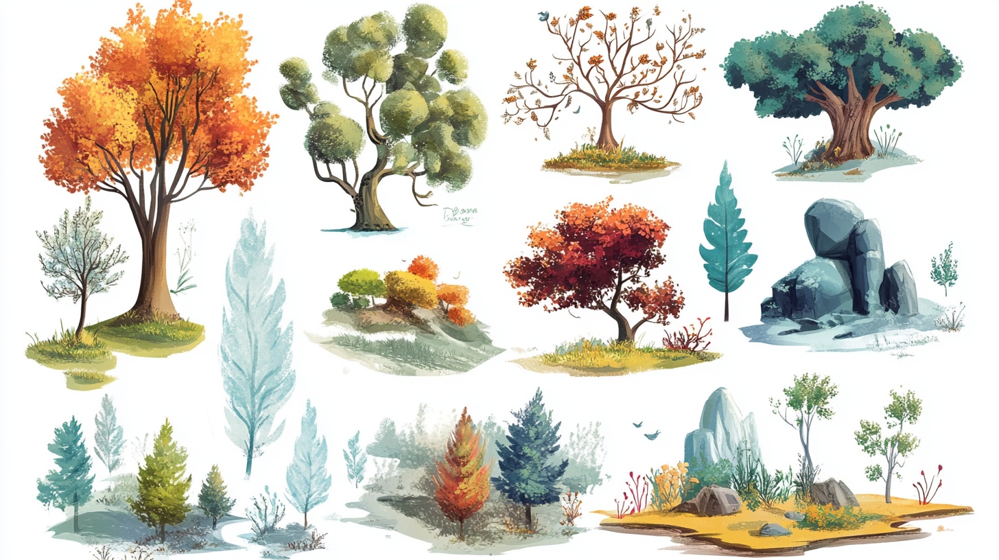 手绘多彩树木景观插画
