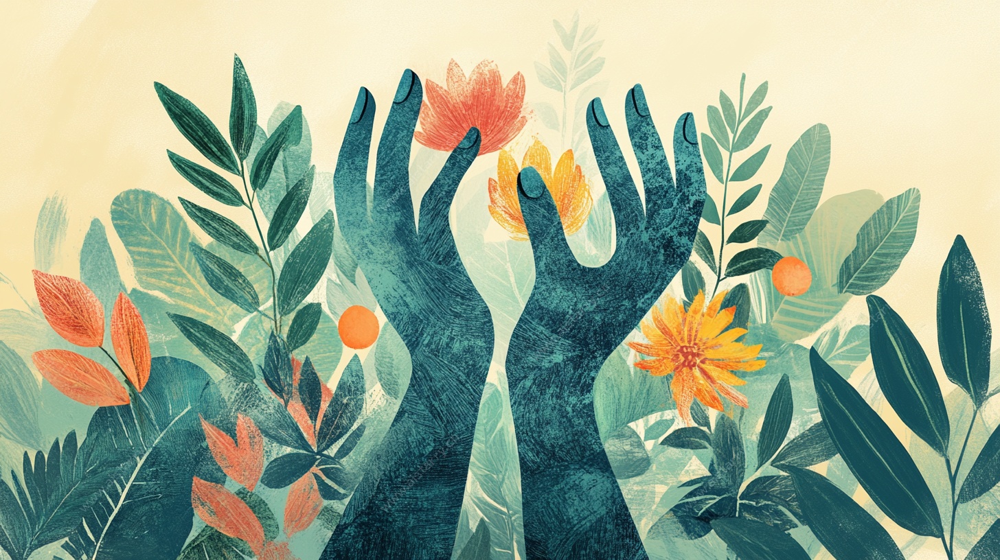 双手呵护自然花卉插画