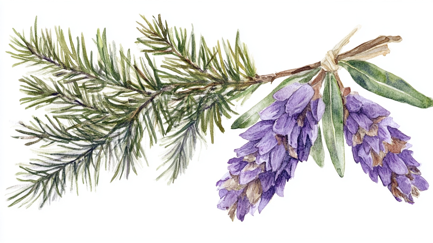 松枝与紫色花束水彩插画