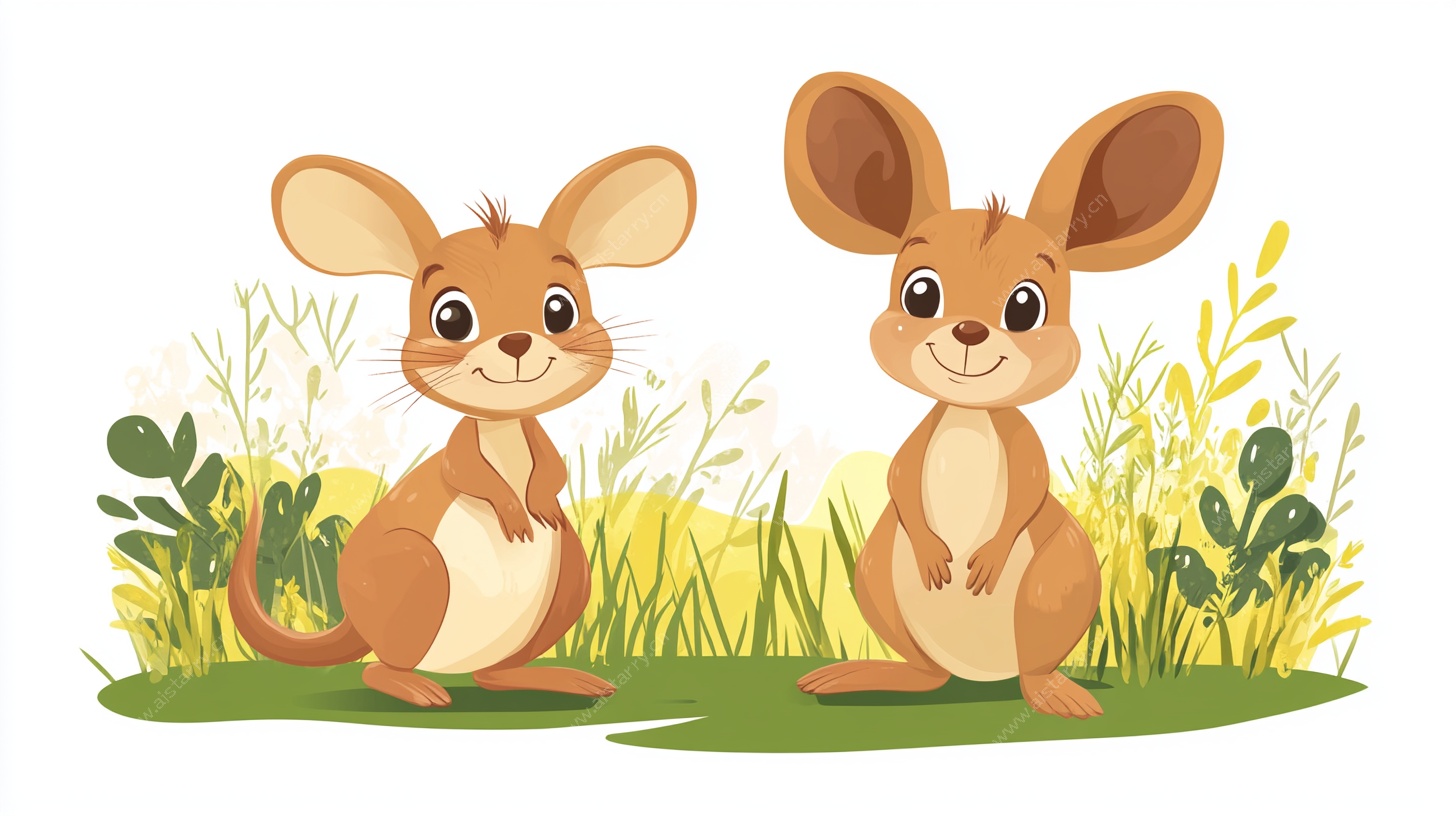 两只可爱袋鼠站在草地上