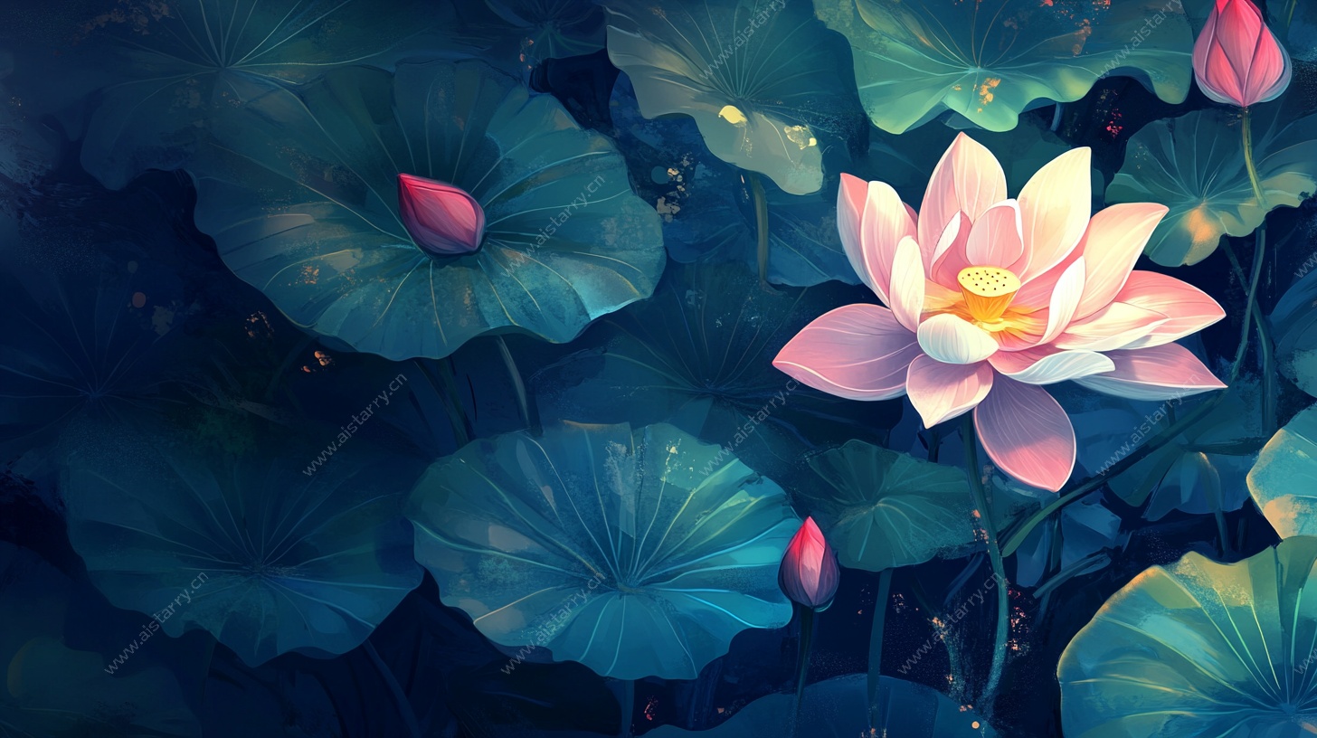 梦幻绽放的水墨风荷花