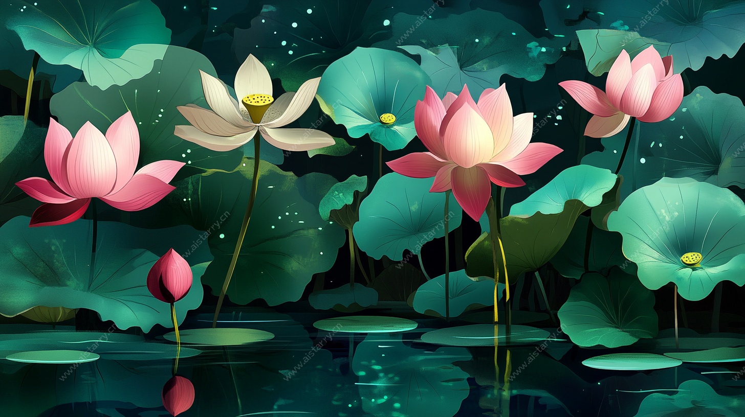 夏夜荷塘梦幻荷花图景