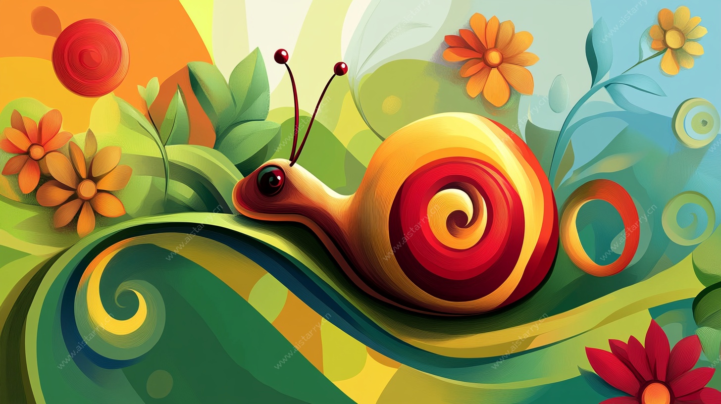 彩色蜗牛在花丛中爬行