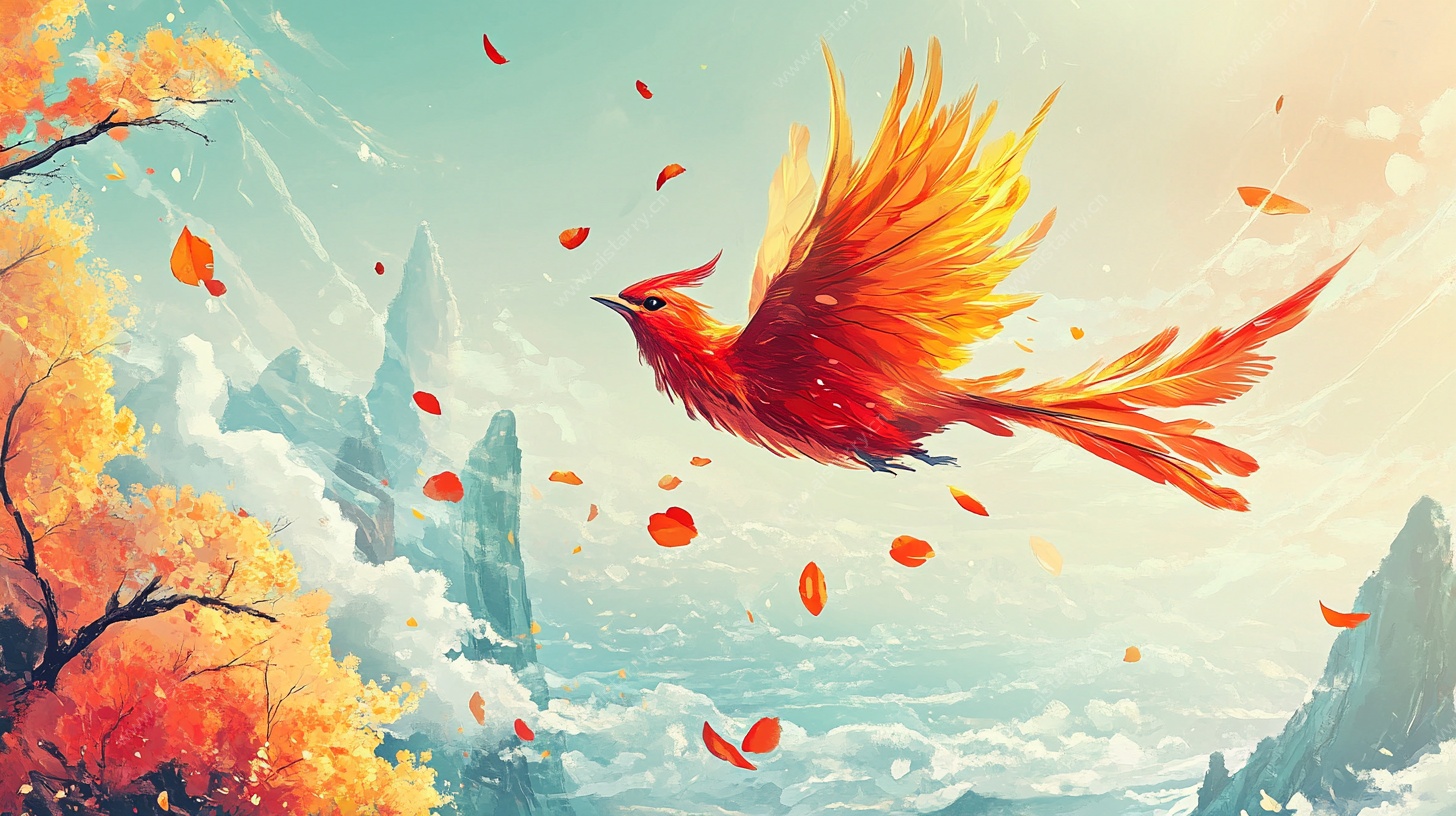 翱翔的火红凤凰插画