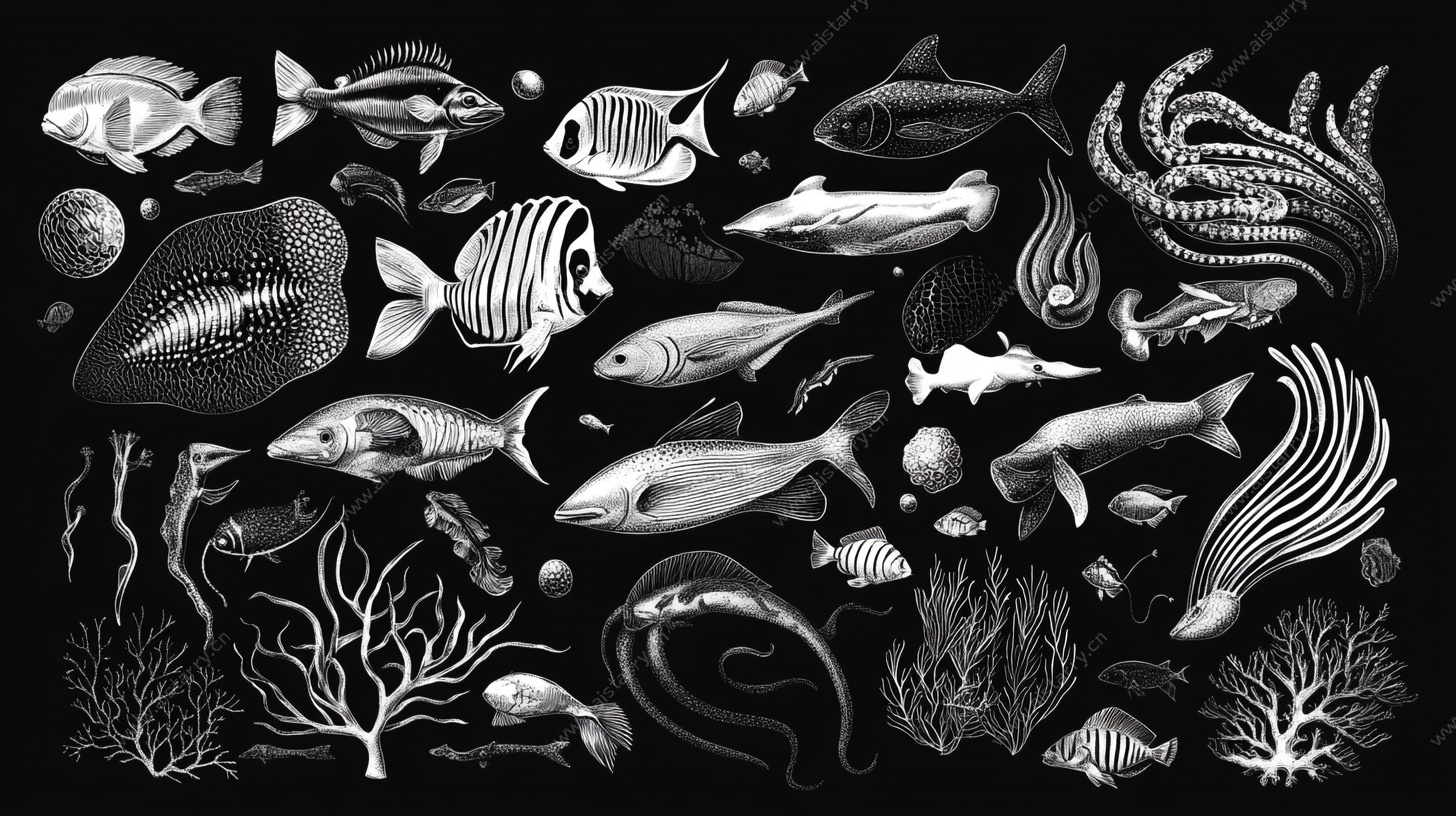 海洋生物黑白插画集合