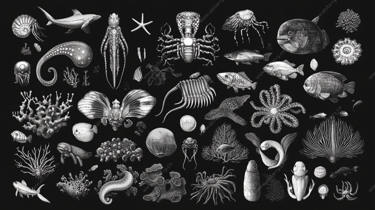 海洋生物黑白插画集合