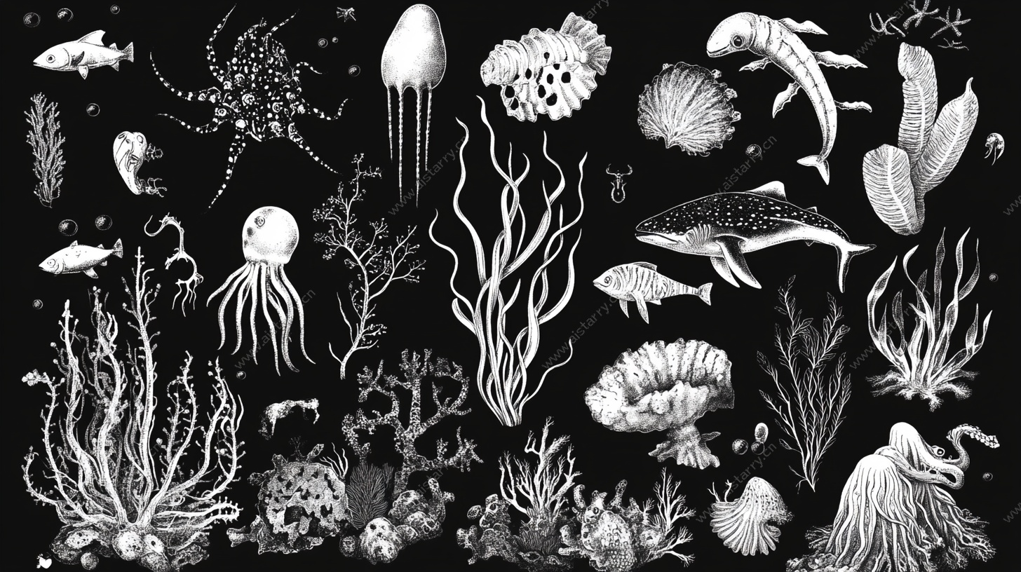 海洋生物黑白插画集合