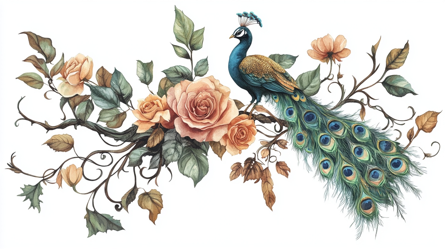 孔雀栖花枝头插画