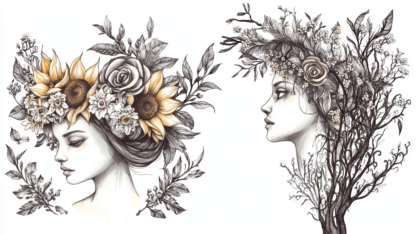 花卉装饰的女性头像插画