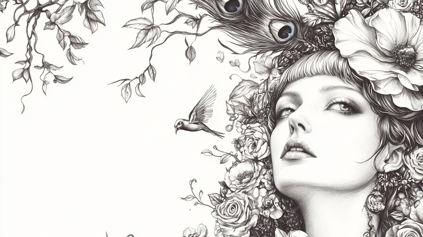 花卉鸟饰少女黑白插画