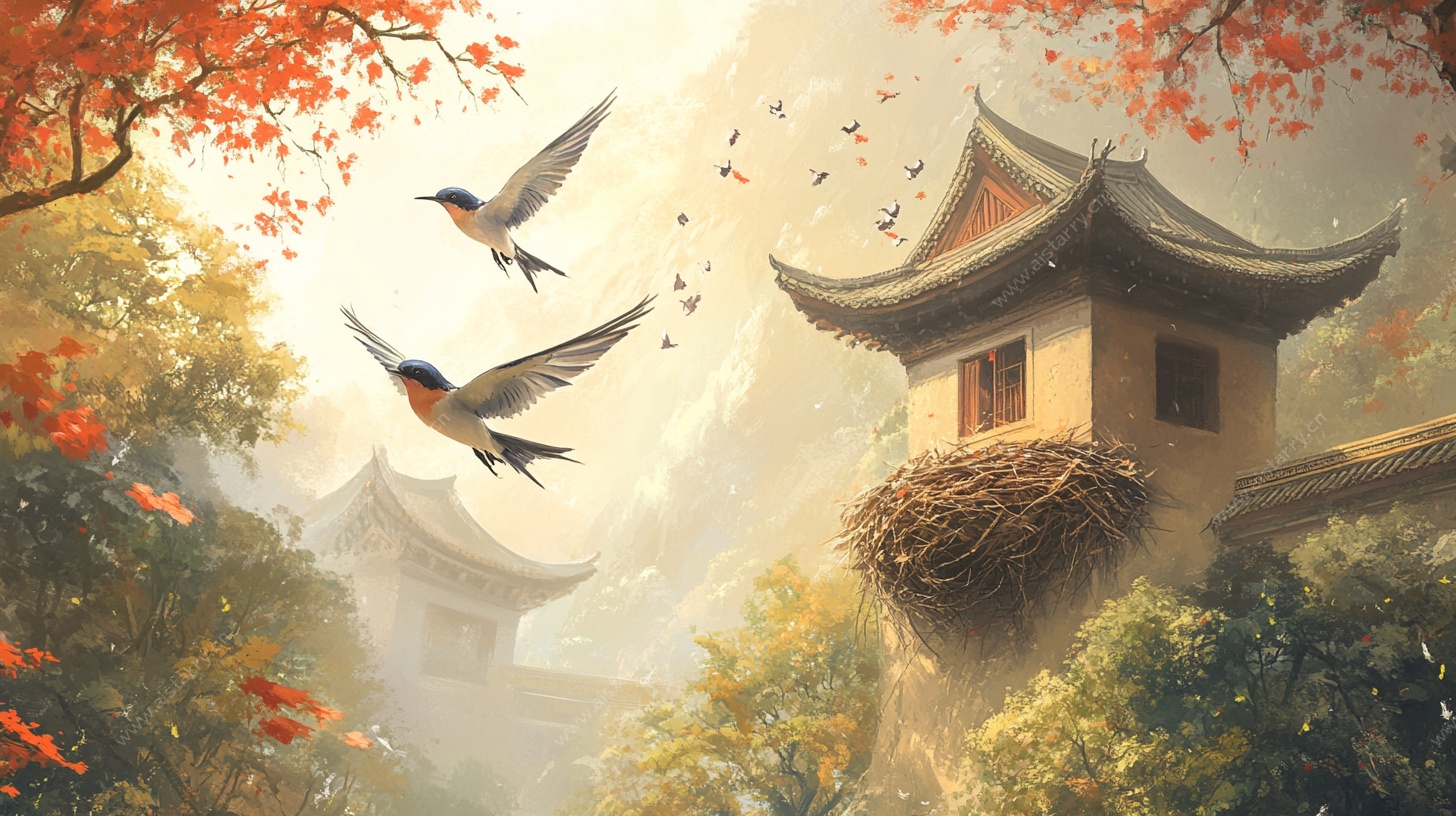 古亭飞鸟秋景图